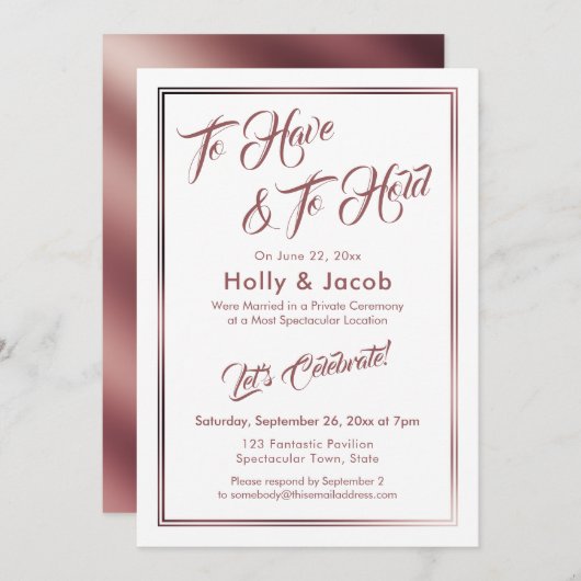 持つために &amp; 抱擁するために ローズゴールド ホワイト オーバー, レセプション 招待状 (正面/裏面)