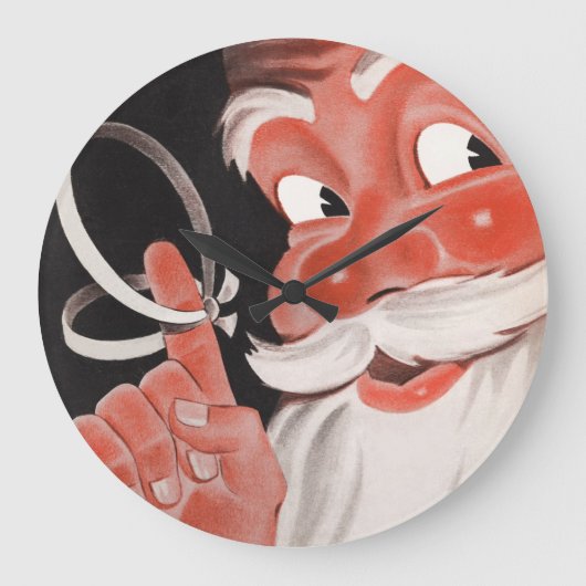 指にリマインダーの紐をつけたヴィンテージのサンタクロース ラージ壁時計 (正面)