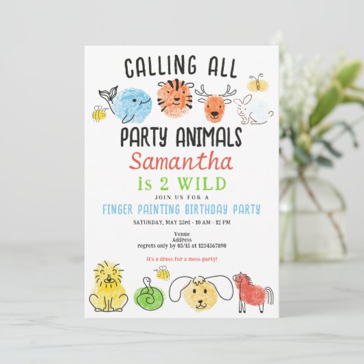 指の絵を描パーティー動物アート誕生日パーティー 招待状 (スタンド正面)