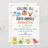 指の絵を描パーティー動物アート誕生日パーティー 招待状 (正面/裏面)