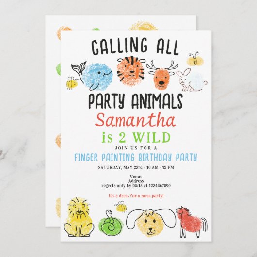 指の絵を描パーティー動物アート誕生日パーティー 招待状 (正面/裏面)
