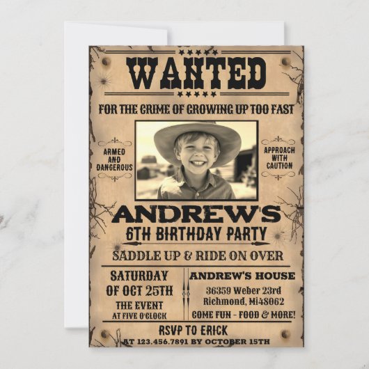 指名手配のポスター西カウボーイとフォト誕生日 招待状 (正面)