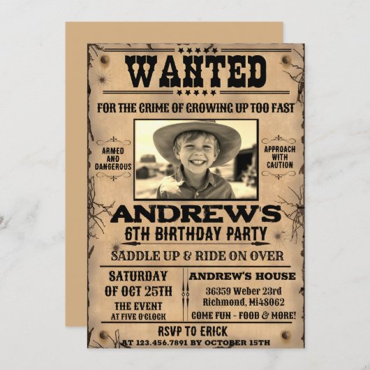 指名手配のポスター西カウボーイとフォト誕生日 招待状 (正面/裏面)