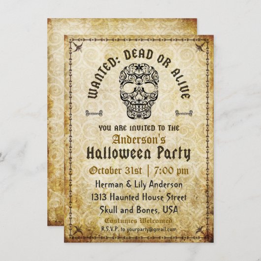 指名手配の死者またはアライブハロウィーンスカル招待状 招待状 (正面/裏面)