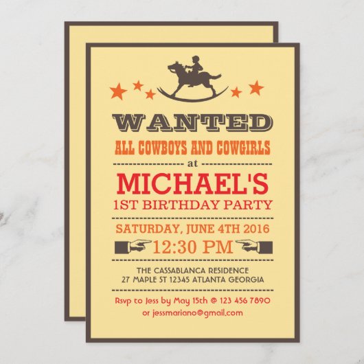 指名手配カントリーウエスタンカウボーイ誕生日招待状 招待状 (正面/裏面)
