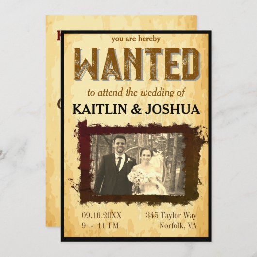 指名手配ポスター💍ウェスタンテーマ結婚ズの写真 招待状 (正面/裏面)
