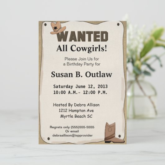 指名手配ポスター女性のカーボーイ誕生日招待状 招待状 (スタンド正面)