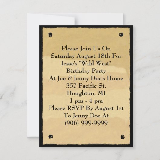 指名手配ポスター招待状おもしろいウェスタンカウボーイパーティー 招待状 (裏面)