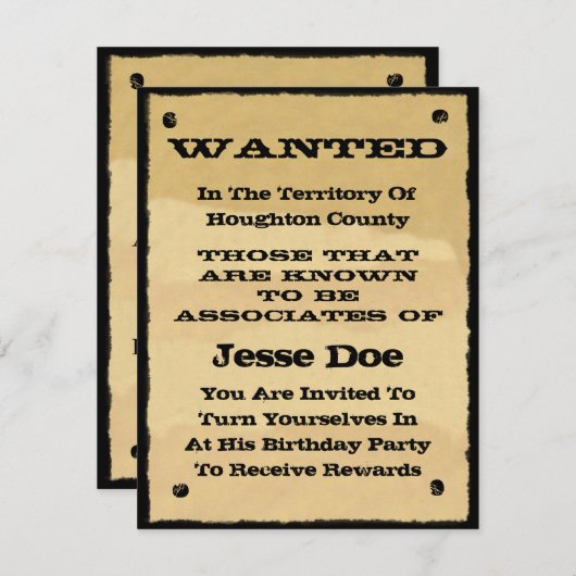指名手配ポスター招待状おもしろいウェスタンカウボーイパーティー 招待状 (正面/裏面)