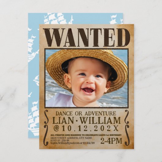 指名手配!パイレーツファースト誕生日パーティー インビテーションポストカード (正面/裏面)
