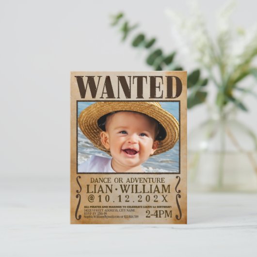 指名手配!パイレーツファースト誕生日パーティー インビテーションポストカード (スタンド正面)