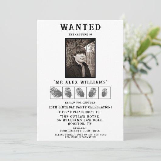 「指名手配」写真誕生日パーティー 招待状 (スタンド正面)