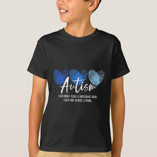 指紋ハート自閉症 それぞれの指紋が違う物語を語る Tシャツ (正面)