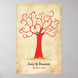 指紋認証結婚ツリー(赤いヴィンテージ) ポスター