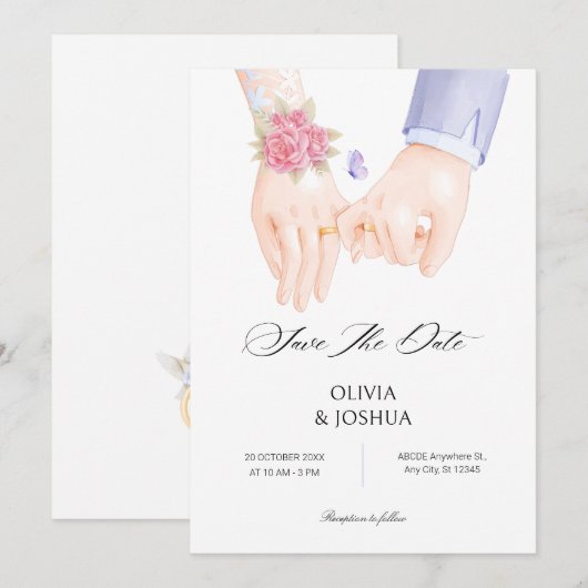 指輪と手繋ぎ　優しいエレガントな結婚式 セーブザデート (正面/裏面)