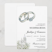 指輪のある白い教会 スペイン風結婚式 招待状 (正面/裏面)