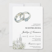 指輪のある白い教会 スペイン風結婚式 招待状 (正面)