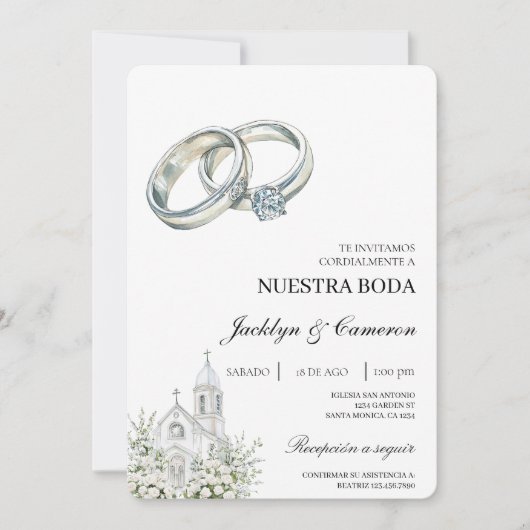 指輪のある白い教会 スペイン風結婚式 招待状 (正面)