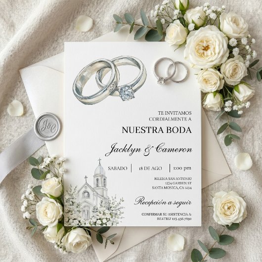 指輪のある白い教会 スペイン風結婚式 招待状