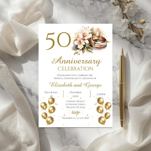 指輪のモチーフが入った結婚50周年の招待状 招待状