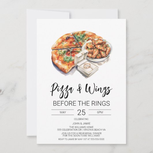 指輪の前にピザとウィングス ご招待 招待状 (正面)
