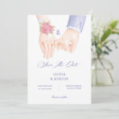 指輪をはめた手を優しくエレガントな結婚式 セーブザデート (スタンド正面)