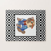 挑戦的なB&Wチェッカーボード上のヒップスターパグ ジグソーパズル (横)