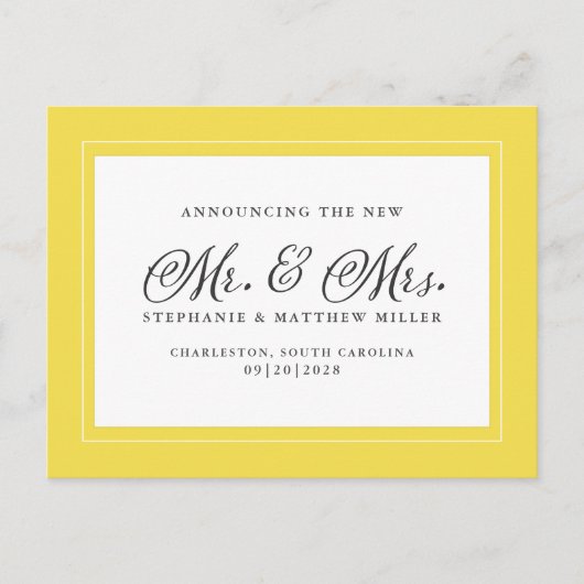挙式しました　おしゃれな黄色と白のエレガントな秘密の結婚式 インビテーションポストカード (正面)