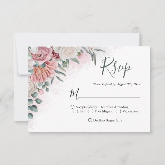 挨りだらけのばら色およびダリアの花柄 出欠カード (正面)