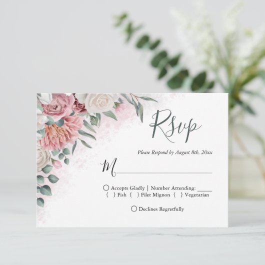 挨りだらけのばら色およびダリアの花柄 出欠カード (スタンド正面)