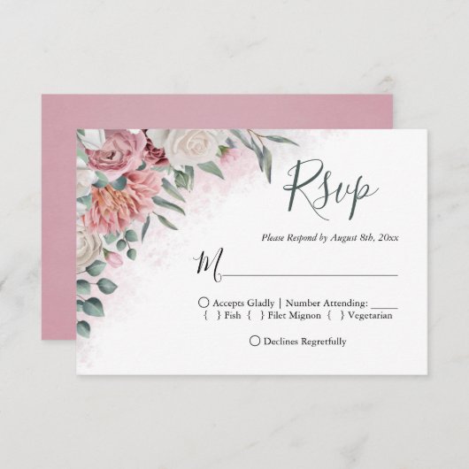 挨りだらけのばら色およびダリアの花柄 出欠カード (正面/裏面)