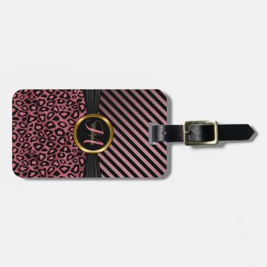 挨りだらけのばら色のヒョウの皮は-モノグラムを縞で飾り、 ラゲッジタグ (正面横)