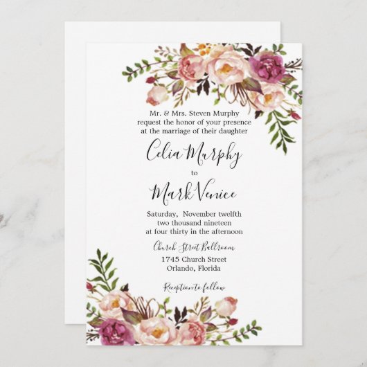 挨りだらけのばら色の花の結婚式招待状 シーズンカード (正面/裏面)