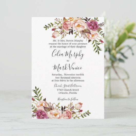 挨りだらけのばら色の花の結婚式招待状 シーズンカード (スタンド正面)