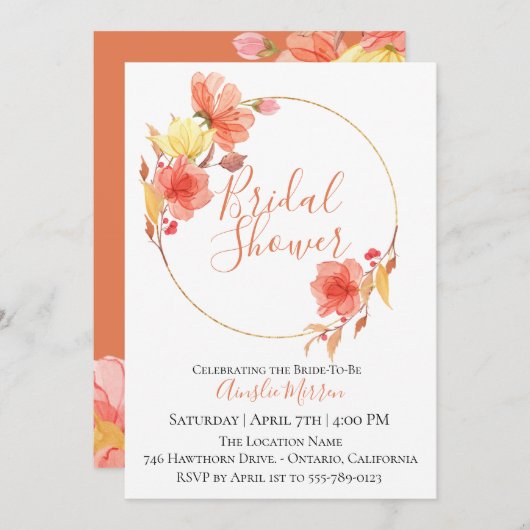 挨りだらけのオレンジ花のブライダルシャワーの招待状 招待状 (正面/裏面)