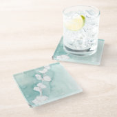 挨りだらけのティール(緑がかった色) -白のイチョウ ガラスコースター (アングル)