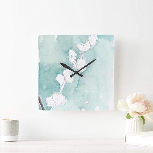 挨りだらけのティール(緑がかった色) -白のイチョウ スクエア壁時計 (ホーム)