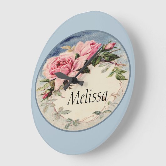 挨りだらけのピンクのヴィンテージのばら色の葉のリースのモノグラム ラージ壁時計 (傾斜)