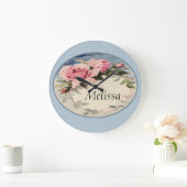 挨りだらけのピンクのヴィンテージのばら色の葉のリースのモノグラム ラージ壁時計 (ホーム)