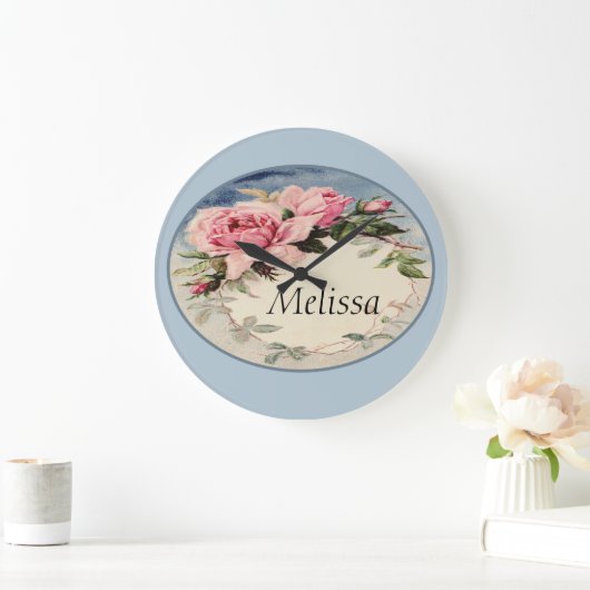 挨りだらけのピンクのヴィンテージのばら色の葉のリースのモノグラム ラージ壁時計 (ホーム)