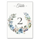 挨りだらけの青いクリーム色の花のリースのテーブル数カード テーブルナンバー (正面)