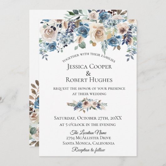 挨りだらけの青い暗灰色の花柄の結婚式招待状 招待状 (正面/裏面)