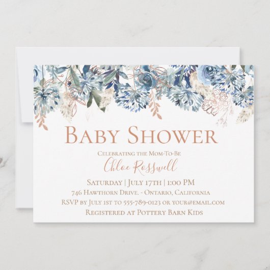 挨りだらけの青い花のベビーシャワーの招待状 招待状 (正面)