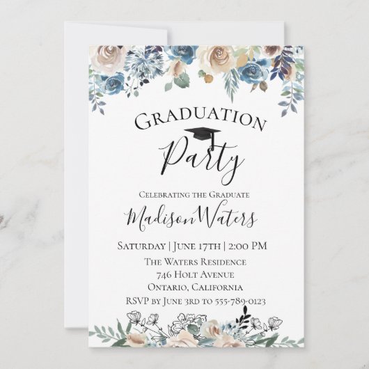 挨りだらけの青い花の卒業のパーティの招待状 招待状 (正面)
