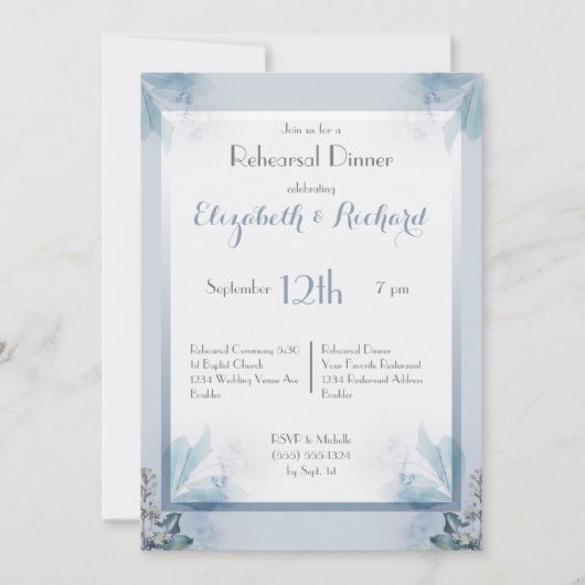 挨りだらけの青い花の水彩画のリハーサルの夕食 招待状 (正面)