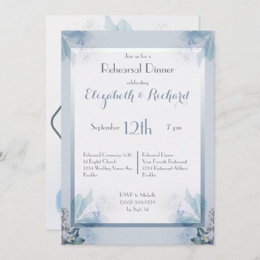 挨りだらけの青い花の水彩画のリハーサルの夕食 招待状 (正面/裏面)