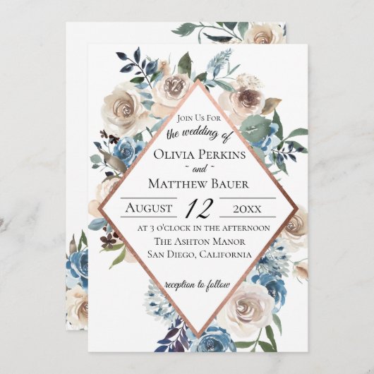 挨りだらけの青い花柄のばら色の金ゴールドの結婚式招待状 招待状 (正面/裏面)