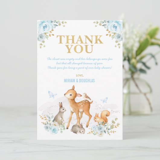 挨りだらけの青い金ゴールドの森林動物の森林男の赤ちゃん サンキューカード (スタンド正面)