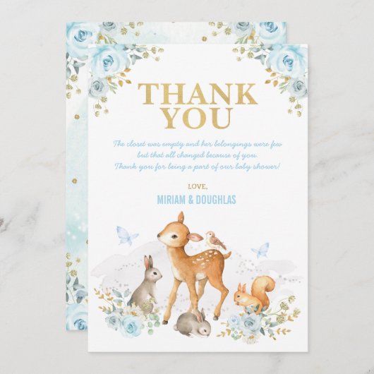 挨りだらけの青い金ゴールドの森林動物の森林男の赤ちゃん サンキューカード (正面/裏面)