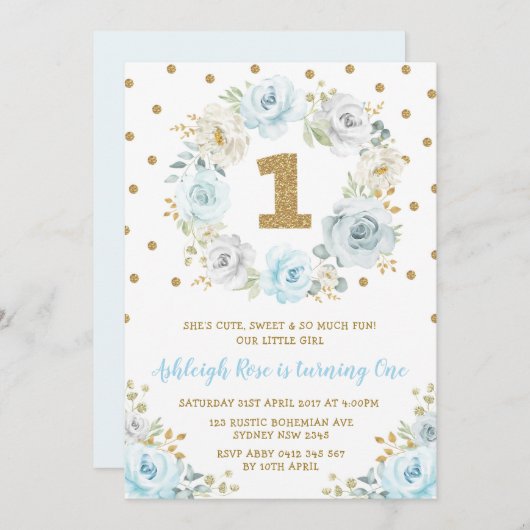 挨りだらけの青い金ゴールドの花柄の第1誕生日の野生の1つのパーティー 招待状 (正面/裏面)